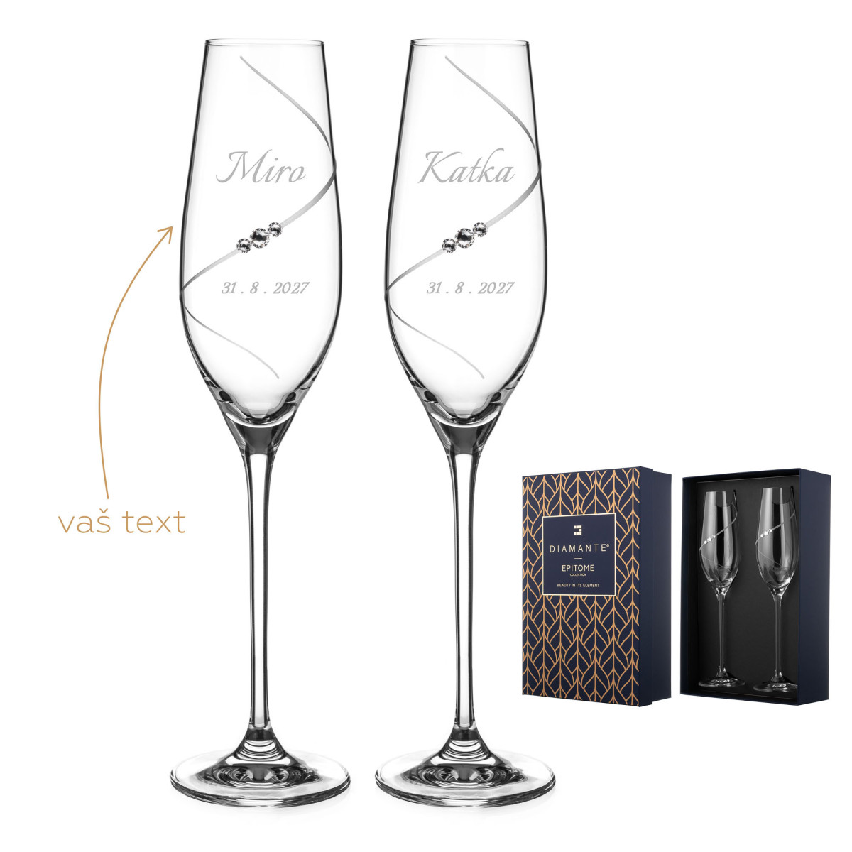 Dvě broušené svatební sklenice na šampaňské s gravírováním zdarma